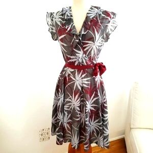 Vintage 70s Dress w/ Ruffles Gray, White and Maroon Ties at Waist Small